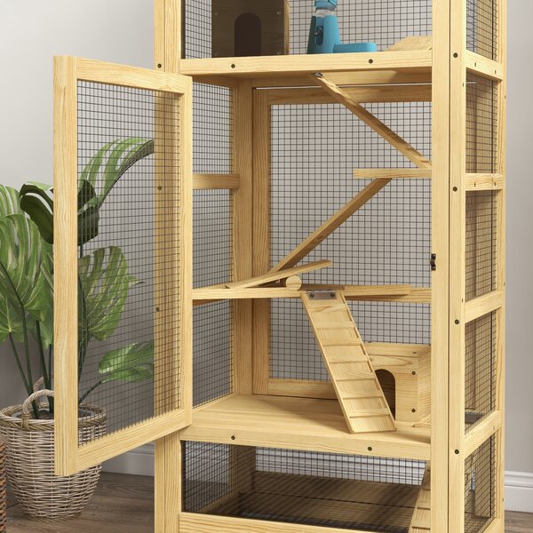 PawHut Gabbia per criceti o piccoli animali in legno, 5 piani con scala casetta altalena 54 x 38 x 131 cm legno naturale | Aosom Italy