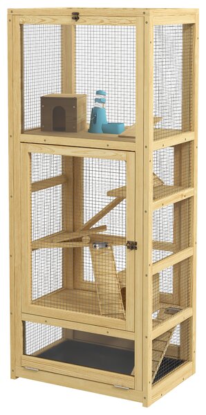 PawHut Gabbia per criceti o piccoli animali in legno, 5 piani con scala casetta altalena 54 x 38 x 131 cm legno naturale | Aosom Italy