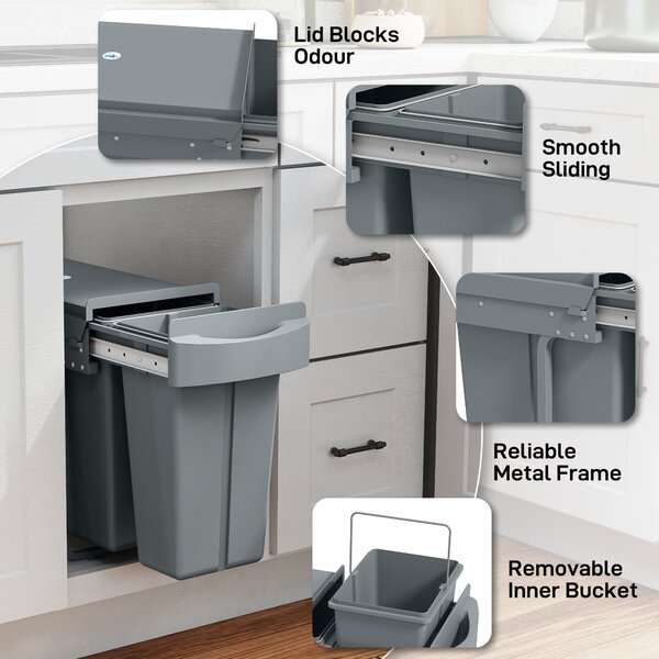 HOMCOM Pattumiera da cucina scorrevole 30L con 2 scomparti, pattumiera sottolavello con coperchio satinato, 52x26x40,8cm, grigio | Aosom Italy