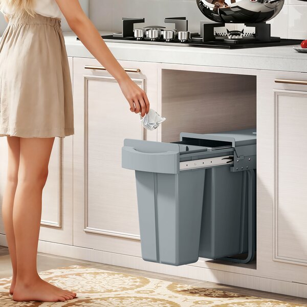 HOMCOM Pattumiera da cucina scorrevole 30L con 2 scomparti, pattumiera sottolavello con coperchio satinato, 52x26x40,8cm, grigio | Aosom Italy