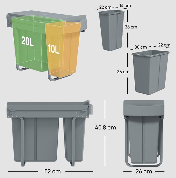 HOMCOM Pattumiera da cucina scorrevole 30L con 2 scomparti, pattumiera sottolavello con coperchio satinato, 52x26x40,8cm, grigio | Aosom Italy