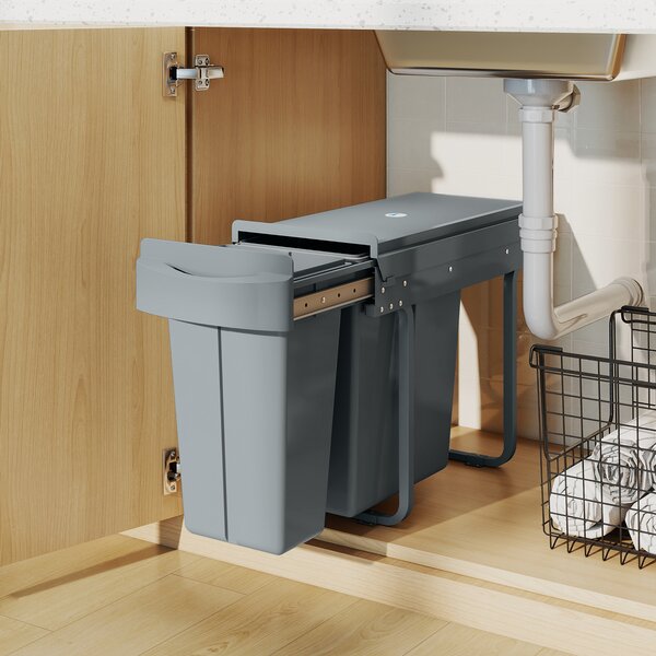 HOMCOM Pattumiera da cucina scorrevole 30L con 2 scomparti, pattumiera sottolavello con coperchio satinato, 52x26x40,8cm, grigio | Aosom Italy