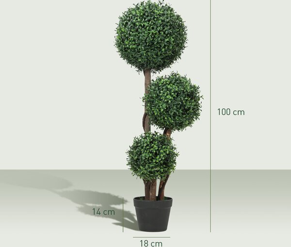 HOMCOM Sfera di bosso artificiale a tre sfere, pianta artificiale con tronco in legno in vaso, 30 x 30 x 100 cm, Verde | Aosom Italy