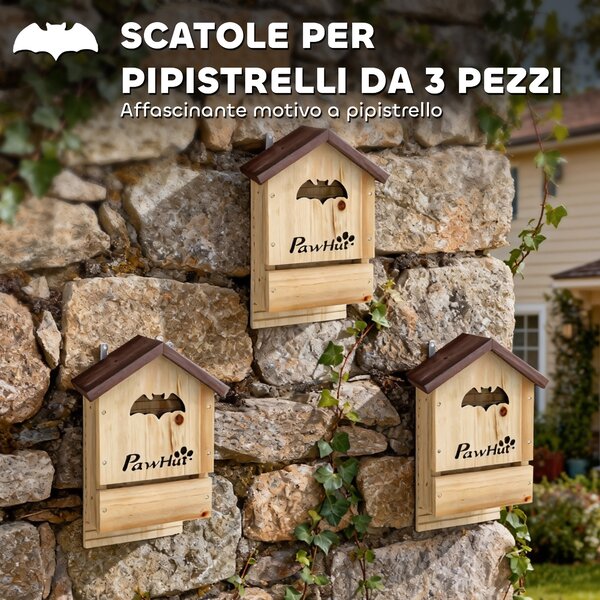 PawHut Set di 3 Casette per Pipistrelli in Legno di Abete, 21.5x11.5x34 cm, Legno Naturale | Aosom Italy