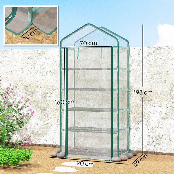 Outsunny Serra da giardino in PVC con 5 ripiani, serra da balcone, telaio in acciaio, porta con zip, 90x49x193cm, trasparente | Aosom Italy