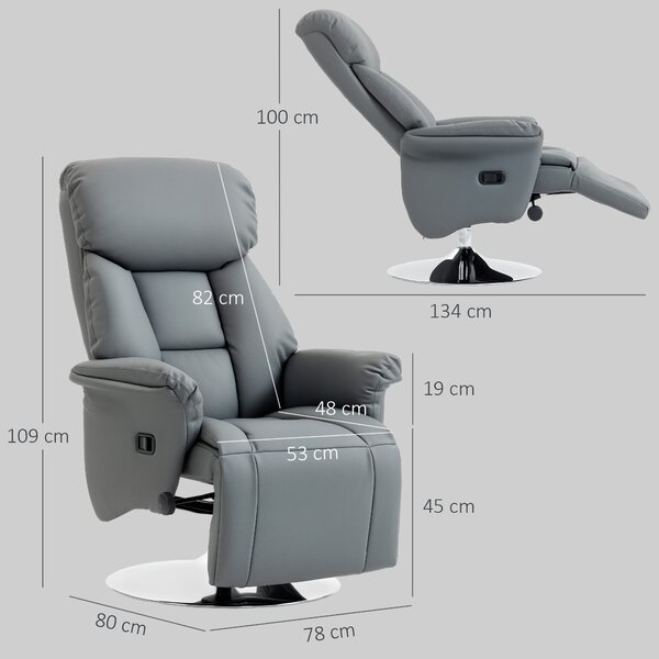 HOMCOM Poltrona Relax Girevole Reclinabile 130° con Poggiapiedi, Braccioli Svasati, in Finta Pelle, Grigio | Aosom Italy