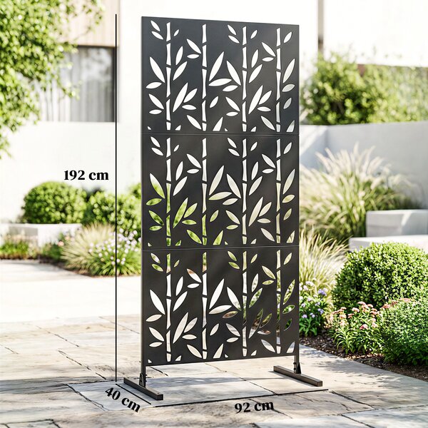 Outsunny Pannello frangivista decorativo esterno Claustra decorativo giardino 3 pannelli motivo bambù metallo 92x40x192cm Nero | Aosom Italy