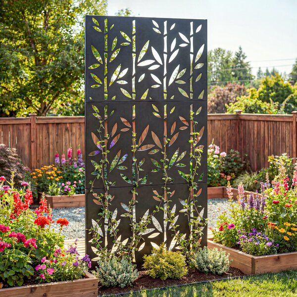 Outsunny Pannello frangivista decorativo esterno Claustra decorativo giardino 3 pannelli motivo bambù metallo 92x40x192cm Nero | Aosom Italy