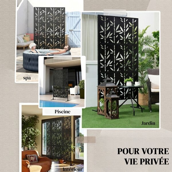 Outsunny Pannello frangivista decorativo esterno Claustra decorativo giardino 3 pannelli motivo bambù metallo 92x40x192cm Nero | Aosom Italy