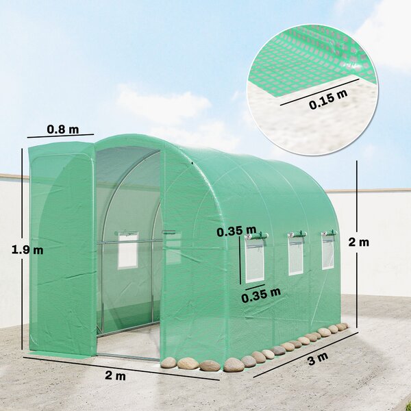 Outsunny Serra 3 x 2 x 2 m Serra in telo con porta a battente richiudibile 6 finestre in rete arrotolabili, aste di sostegno | Aosom Italy