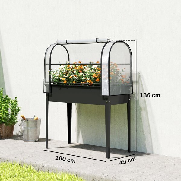 Outsunny Letto per Orto Rialzato con Serra Copertura Protezione, Fioriera da Esterno Rialzata in Metallo con Foro di Drenaggio, per Piante, Fiori, Verdure, Giardino Terrazza Balcone, Nero | Aosom Italy
