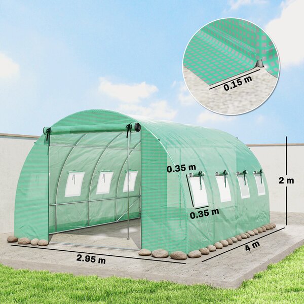 Outsunny Serra circa 4 x 3 x 2 m Serra in telo con porta avvolgibile 2 porte con cerniera & 8 finestre a rete Aste di supporto Verde | Aosom Italy