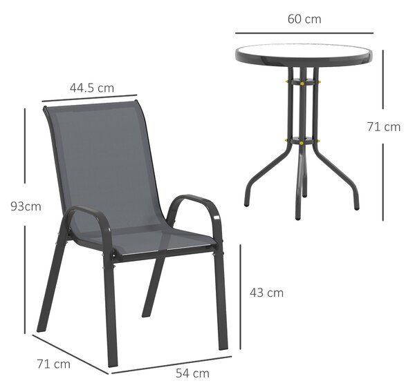 Outsunny Set da Bistro 3 Pezzi con 2 Sedie da Giardino Traspiranti Impilabili e Tavolino Rotondo, Set Tavolo e Sedie da Giardino in Acciaio e Vetro, Set da Giardino per Patio, Cortile, Grigio Scuro | Aosom Italy