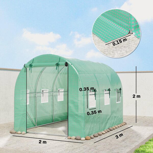 Outsunny Serra 3 x 2 x 2 m serra in telo con 2 porte avvolgibili con cerniera & 6 finestre a rete, aste di supporto, Verde | Aosom Italy