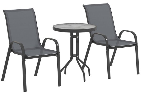 Outsunny Set da Bistro 3 Pezzi con 2 Sedie da Giardino Traspiranti Impilabili e Tavolino Rotondo, Set Tavolo e Sedie da Giardino in Acciaio e Vetro, Set da Giardino per Patio, Cortile, Grigio Scuro | Aosom Italy