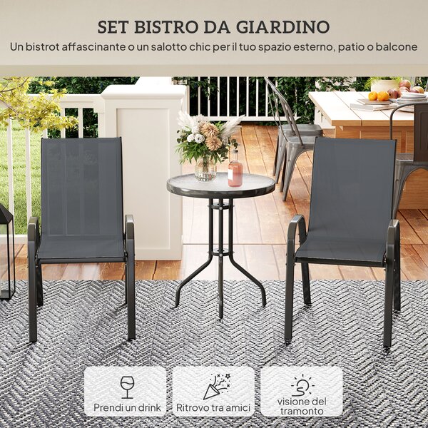Outsunny Set da Bistro 3 Pezzi con 2 Sedie da Giardino Traspiranti Impilabili e Tavolino Rotondo, Set Tavolo e Sedie da Giardino in Acciaio e Vetro, Set da Giardino per Patio, Cortile, Grigio Scuro | Aosom Italy