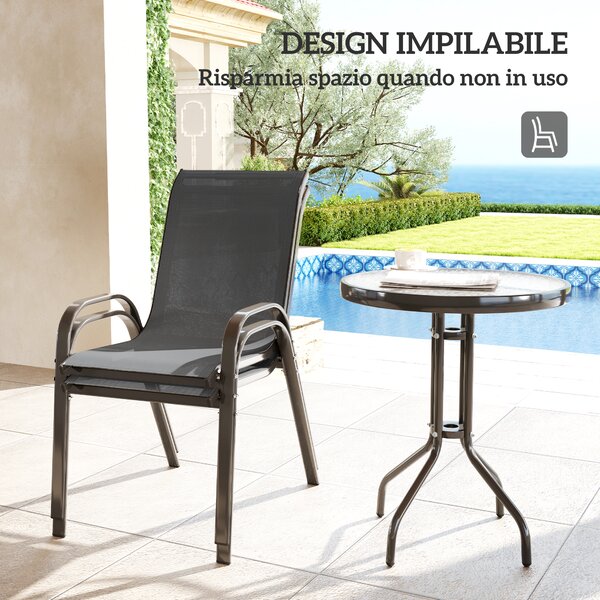 Outsunny Set da Bistro 3 Pezzi con 2 Sedie da Giardino Traspiranti Impilabili e Tavolino Rotondo, Set Tavolo e Sedie da Giardino in Acciaio e Vetro, Set da Giardino per Patio, Cortile, Grigio Scuro | Aosom Italy