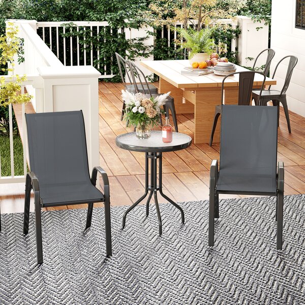 Outsunny Set da Bistro 3 Pezzi con 2 Sedie da Giardino Traspiranti Impilabili e Tavolino Rotondo, Set Tavolo e Sedie da Giardino in Acciaio e Vetro, Set da Giardino per Patio, Cortile, Grigio Scuro | Aosom Italy