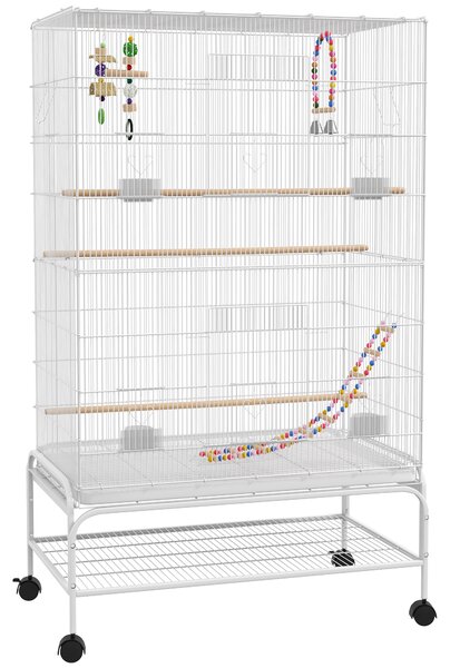 PawHut Gabbia per uccelli su supporto con ruote con 4 mangiatoie e 3 posatoi 79 x 49 x 133 cm bianco | Aosom Italy