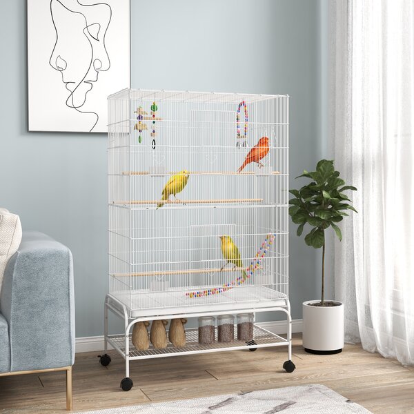 PawHut Gabbia per uccelli su supporto con ruote con 4 mangiatoie e 3 posatoi 79 x 49 x 133 cm bianco | Aosom Italy