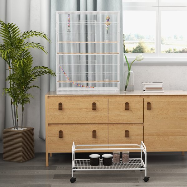 PawHut Gabbia per uccelli su supporto con ruote con 4 mangiatoie e 3 posatoi 79 x 49 x 133 cm bianco | Aosom Italy