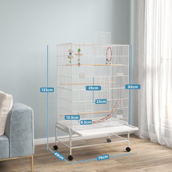 PawHut Gabbia per uccelli su supporto con ruote con 4 mangiatoie e 3 posatoi 79 x 49 x 133 cm bianco | Aosom Italy