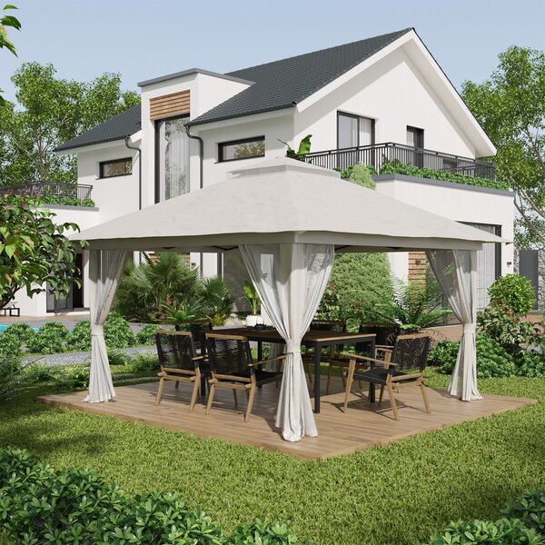 Gazebo Pieghevole 4x4 m ad Altezza Regolabile con Zanzariera e Borsa in Metallo e Tessuto Oxford Crema