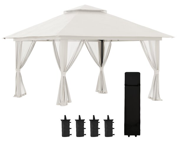 Gazebo Pieghevole 4x4 m ad Altezza Regolabile con Zanzariera e Borsa in Metallo e Tessuto Oxford Crema