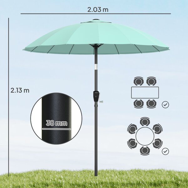 Outsunny Ombrellone da giardino esterno rotondo 2 m inclinabile con apertura/chiusura a manovella 16 stecche, turchese | Aosom Italy
