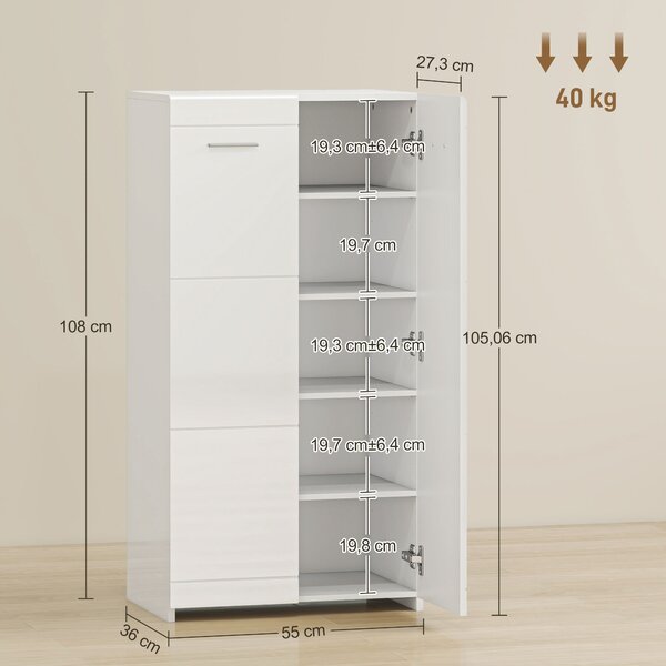 HOMCOM Scarpiera lucida, mobile porta-scarpe con ripiani regolabili per ingresso, corridoio, spazio per 10 paia, Bianco | Aosom Italy