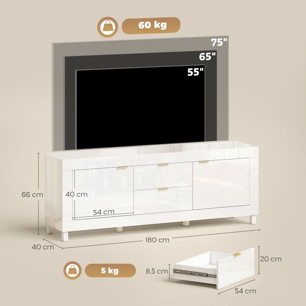 HOMCOM Mobile TV per televisori fino a 190,5 cm, moderno centro entertainment con 2 armadietti e 2 cassetti, Bianco lucido | Aosom Italy