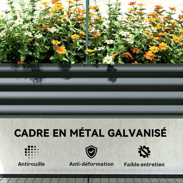 Outsunny Cassone da Giardino su Piedi in Metallo con Serra, Fioriera Rialzata con Rivestimento e Mensola Inferiore, Grigio Scuro | Aosom Italy