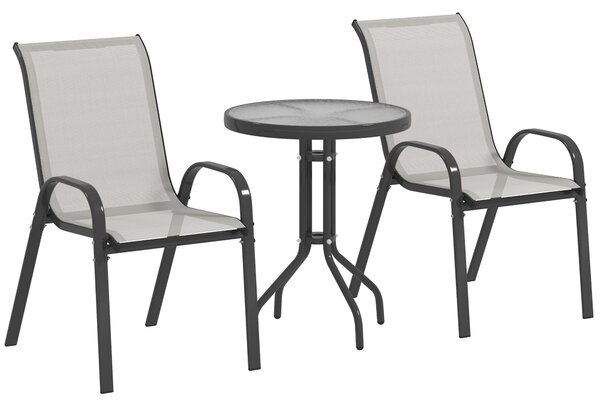 Outsunny Set da Giardino 3 Pezzi con Tavolo Rotondo Piano in Vetro e Sedie Impilabili per Esterni Grigio Chiaro | Aosom Italy