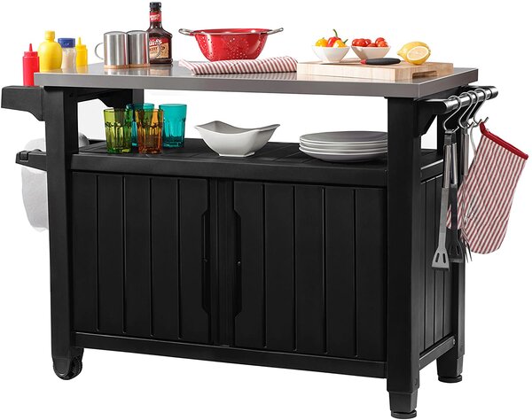 Tavolino da Giardino per Barbecue con Ruote 134x89,6x51,7 in Resina Keter Unity XL Antracite