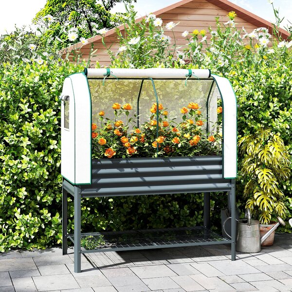 Outsunny Cassone da Giardino su Piedi in Metallo con Serra, Fioriera Rialzata con Rivestimento e Mensola Inferiore, Grigio Scuro | Aosom Italy