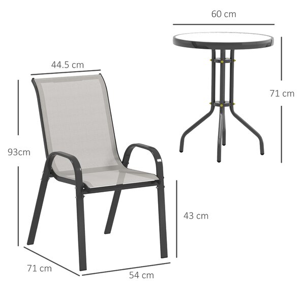 Outsunny Set da Giardino 3 Pezzi con Tavolo Rotondo Piano in Vetro e Sedie Impilabili per Esterni Grigio Chiaro | Aosom Italy