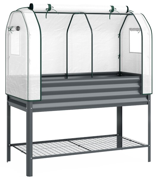 Outsunny Cassone da Giardino su Piedi in Metallo con Serra, Fioriera Rialzata con Rivestimento e Mensola Inferiore, Grigio Scuro | Aosom Italy