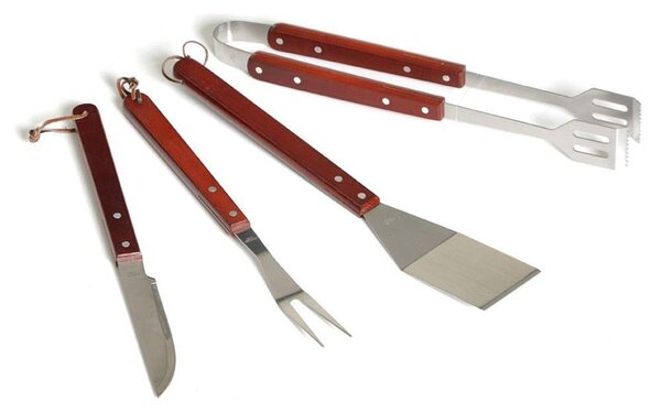 Set 4 Utensili per Barbecue in Acciaio e Legno