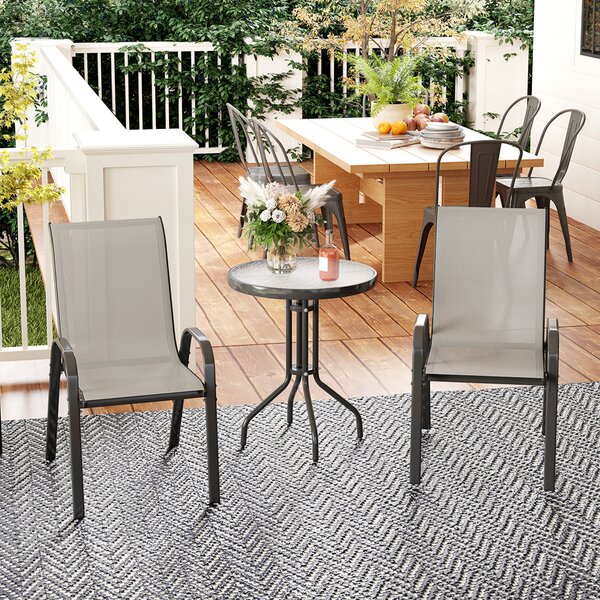 Outsunny Set da Giardino 3 Pezzi con Tavolo Rotondo Piano in Vetro e Sedie Impilabili per Esterni Grigio Chiaro | Aosom Italy