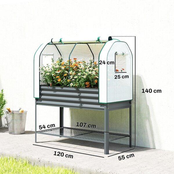 Outsunny Cassone da Giardino su Piedi in Metallo con Serra, Fioriera Rialzata con Rivestimento e Mensola Inferiore, Grigio Scuro | Aosom Italy