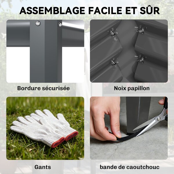Outsunny Cassone da Giardino su Piedi in Metallo con Serra, Fioriera Rialzata con Rivestimento e Mensola Inferiore, Grigio Scuro | Aosom Italy