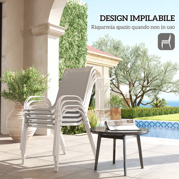 Outsunny Set 4 Sedie da Giardino Impilabili con Braccioli Curvi, in Acciaio e Tessuto Traspirante, 54x71x93 cm, Grigio Bianco | Aosom Italy