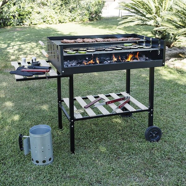 Barbecue a Carbone carbonella 118x56x92 cm con Ruote e Ripiani in Legno Nero