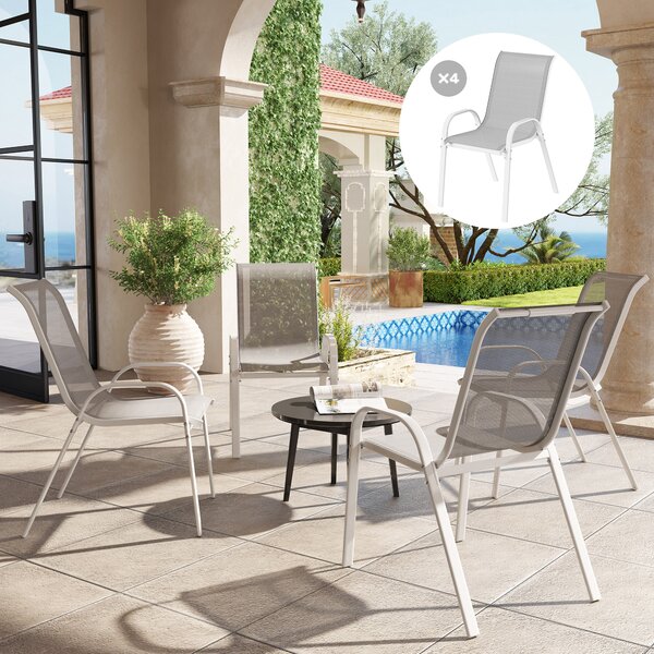 Outsunny Set 4 Sedie da Giardino Impilabili con Braccioli Curvi, in Acciaio e Tessuto Traspirante, 54x71x93 cm, Grigio Bianco | Aosom Italy