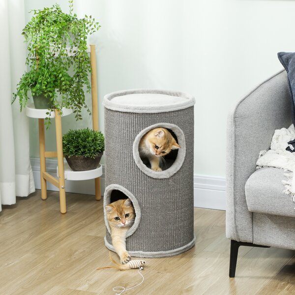 PawHut Tiragraffi a barile, alto 60 cm Ø 35 cm a due piani con 2 nicchie, bordo in peluche, per 1-2 gatti fino a 5 kg, Grigio chiaro | Aosom Italy