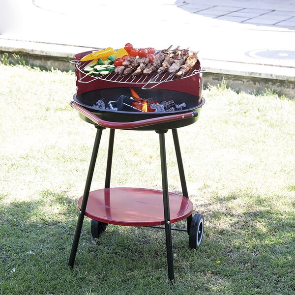 Barbecue a Carbone Carbonella Rotondo Ø51x84,5 cm con Vassoio in Acciaio al Carbonio Rosso