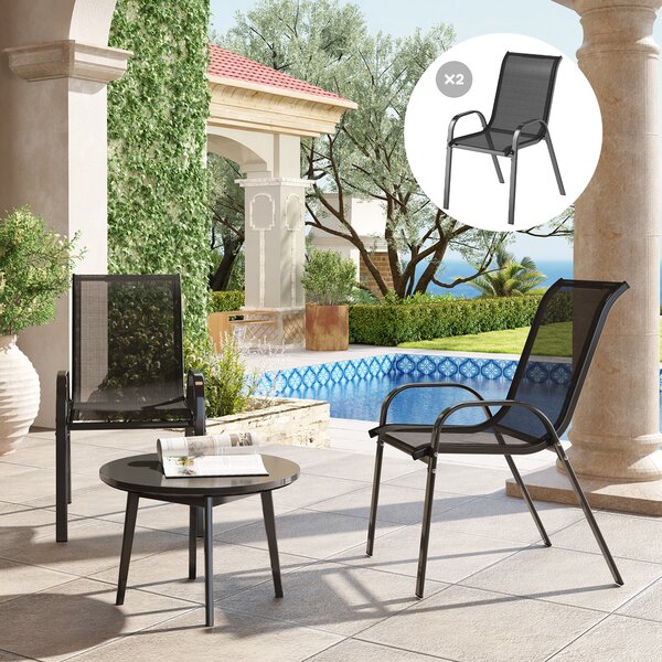 Outsunny Set 2 Sedie da Giardino Impilabili con Braccioli Curvi, in Acciaio e Tessuto Traspirante, 54x71x93 cm, Nero | Aosom Italy