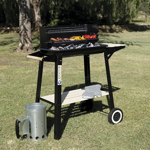 Barbecue a Carbone Carbonella Rettangolare 83x44x87 cm Ripiani in Legno in Acciaio al Carbonio Nero