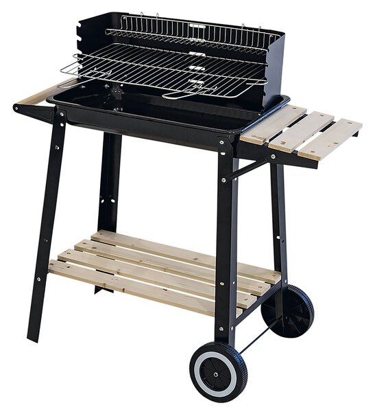 Barbecue a Carbone Carbonella Rettangolare 83x44x87 cm Ripiani in Legno in Acciaio al Carbonio Nero