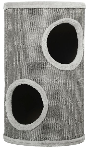 PawHut Tiragraffi a barile, alto 60 cm Ø 35 cm a due piani con 2 nicchie, bordo in peluche, per 1-2 gatti fino a 5 kg, Grigio chiaro | Aosom Italy